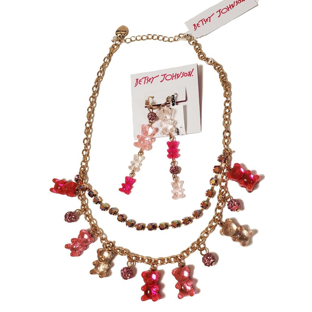 BETSEY JOHNSON NECKLACE EARRINGS SET GUMMY BEAR CHARMS on CHAIN